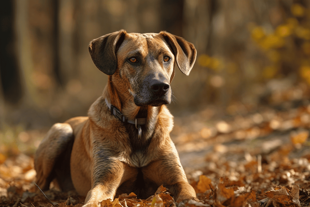 Dog lying in fallen leaves, peaceful woodland scene.