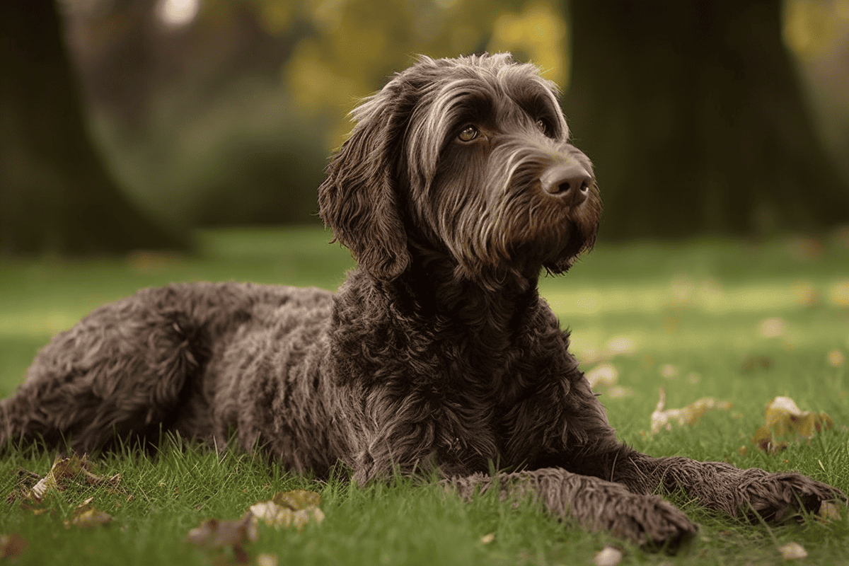 Dog lying on grass outdoors in park setting with lush greenery.
