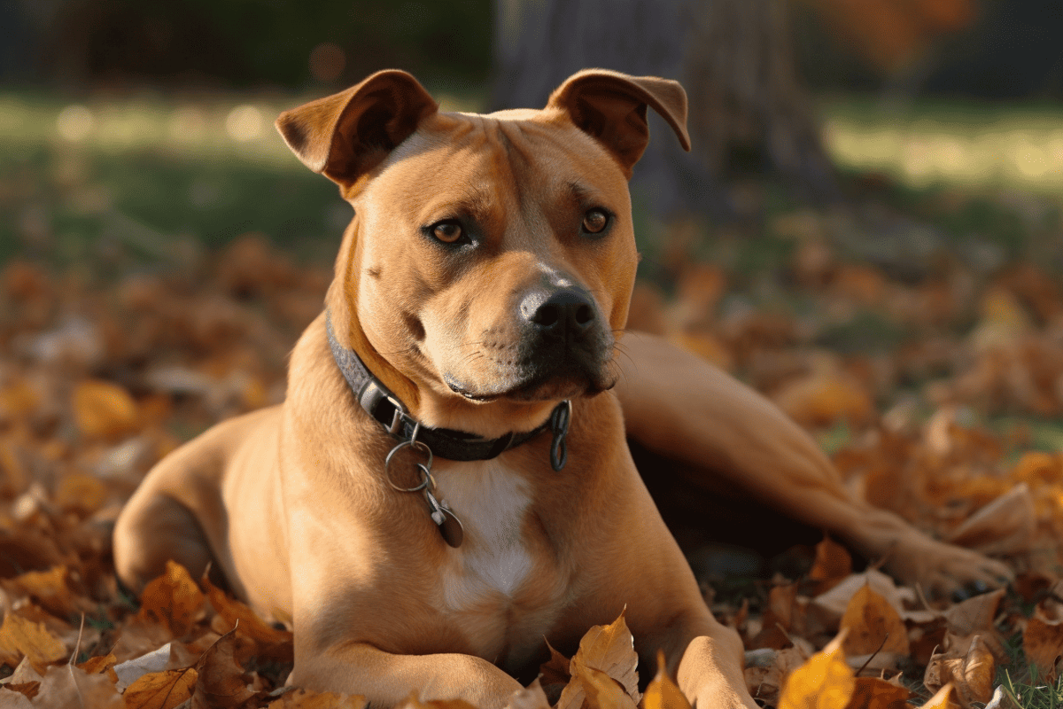 High-quality image of a friendly brown dog lying in fallen autumn leaves outdoors.