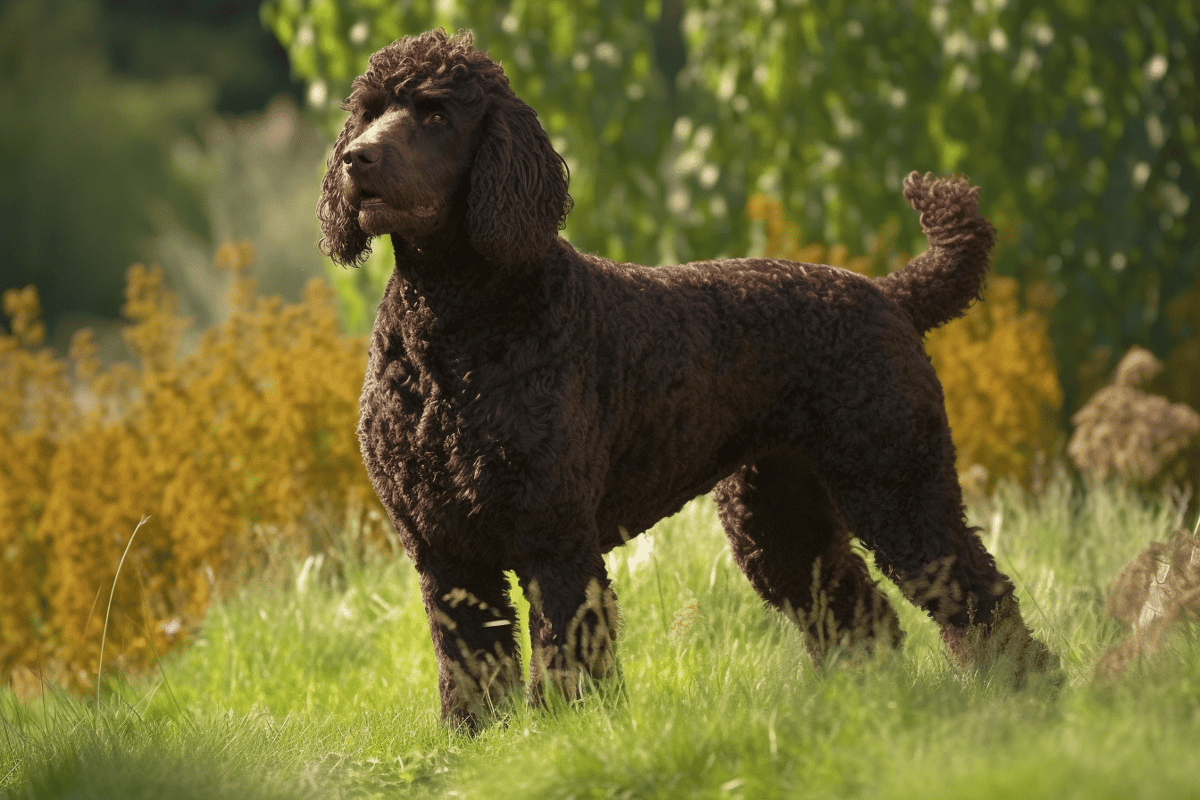 Playful black curly-haired dog outdoors.
