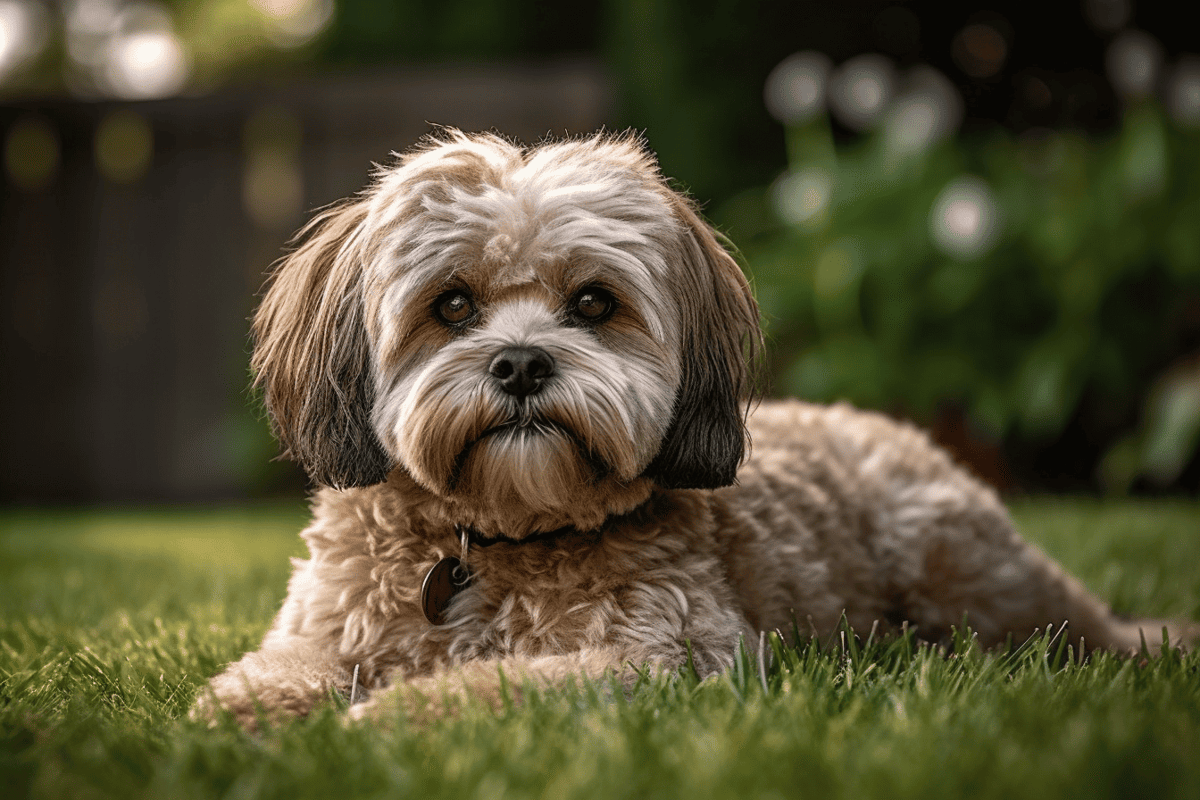Adorable dog lying on green lawn with blurred garden background.