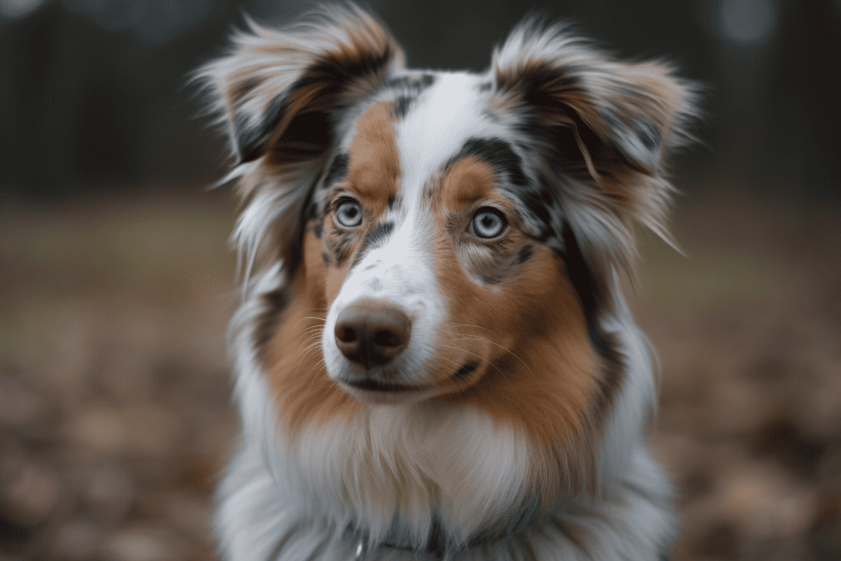 Australian Shepherd with blue eyes, fluffy coat, outdoors, friendly dog.