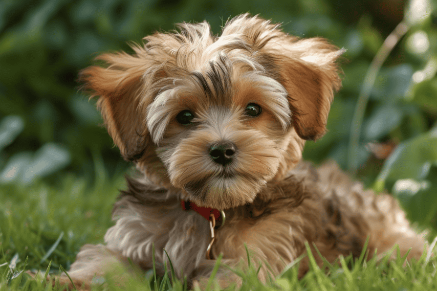 Adorable puppy lying on grass in lush garden, cute and playful for pet lovers.