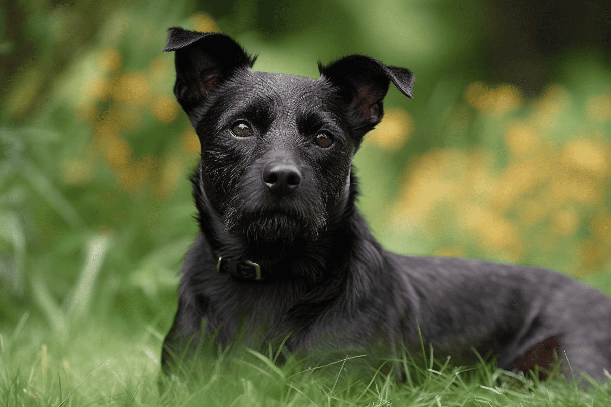 Adorable black dog relaxing outdoors in lush grass with blurred fall leaves background.
