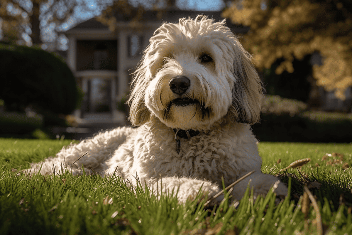 Adorable fluffy dog lying on grass in backyard.