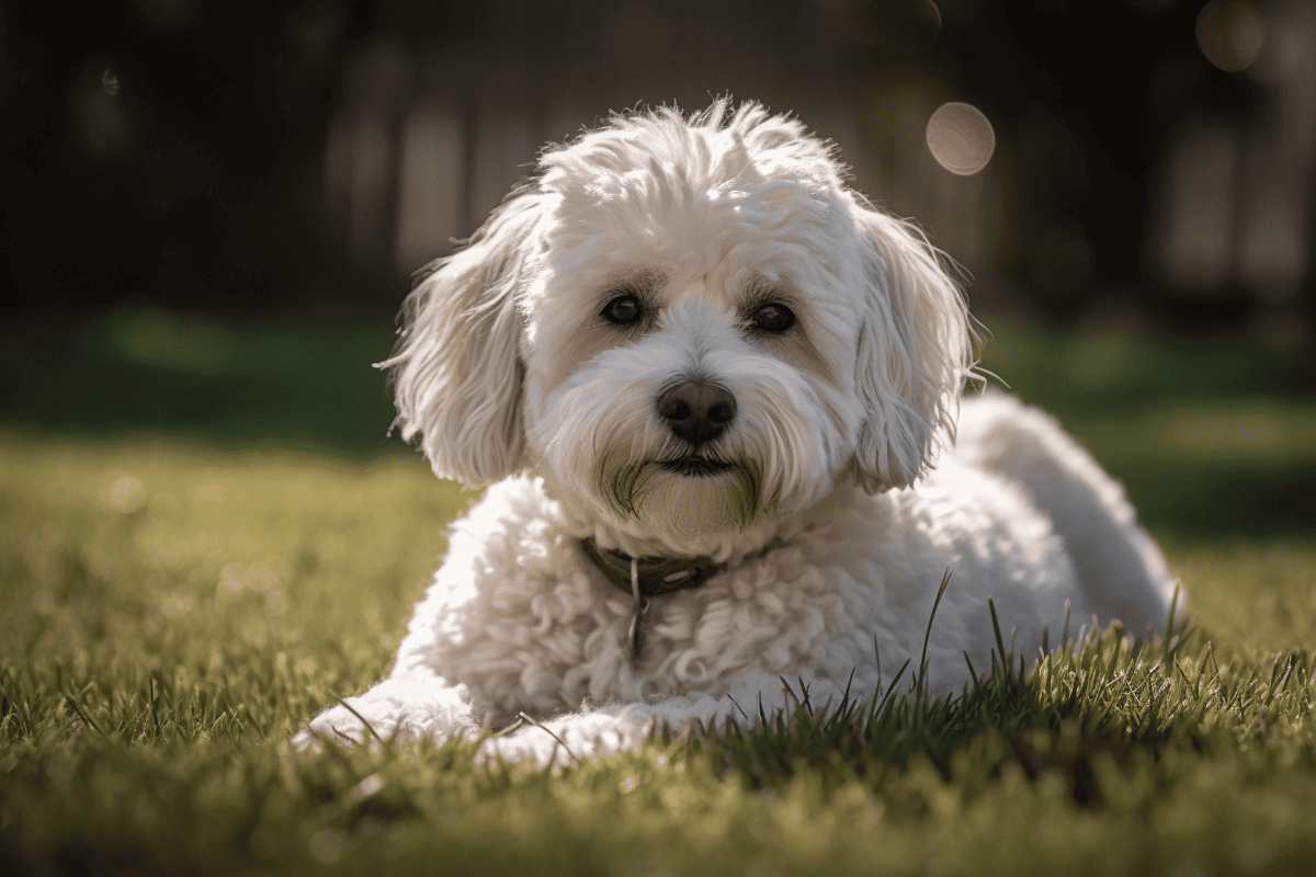 Adorable white doodle laying on grass outdoors, showing relaxed and friendly pet care.