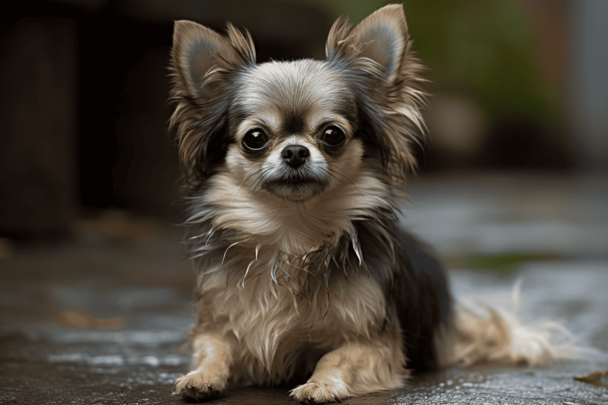 Cute Chihuahua dog with long fur, sitting on a stone surface in a natural outdoor environment.