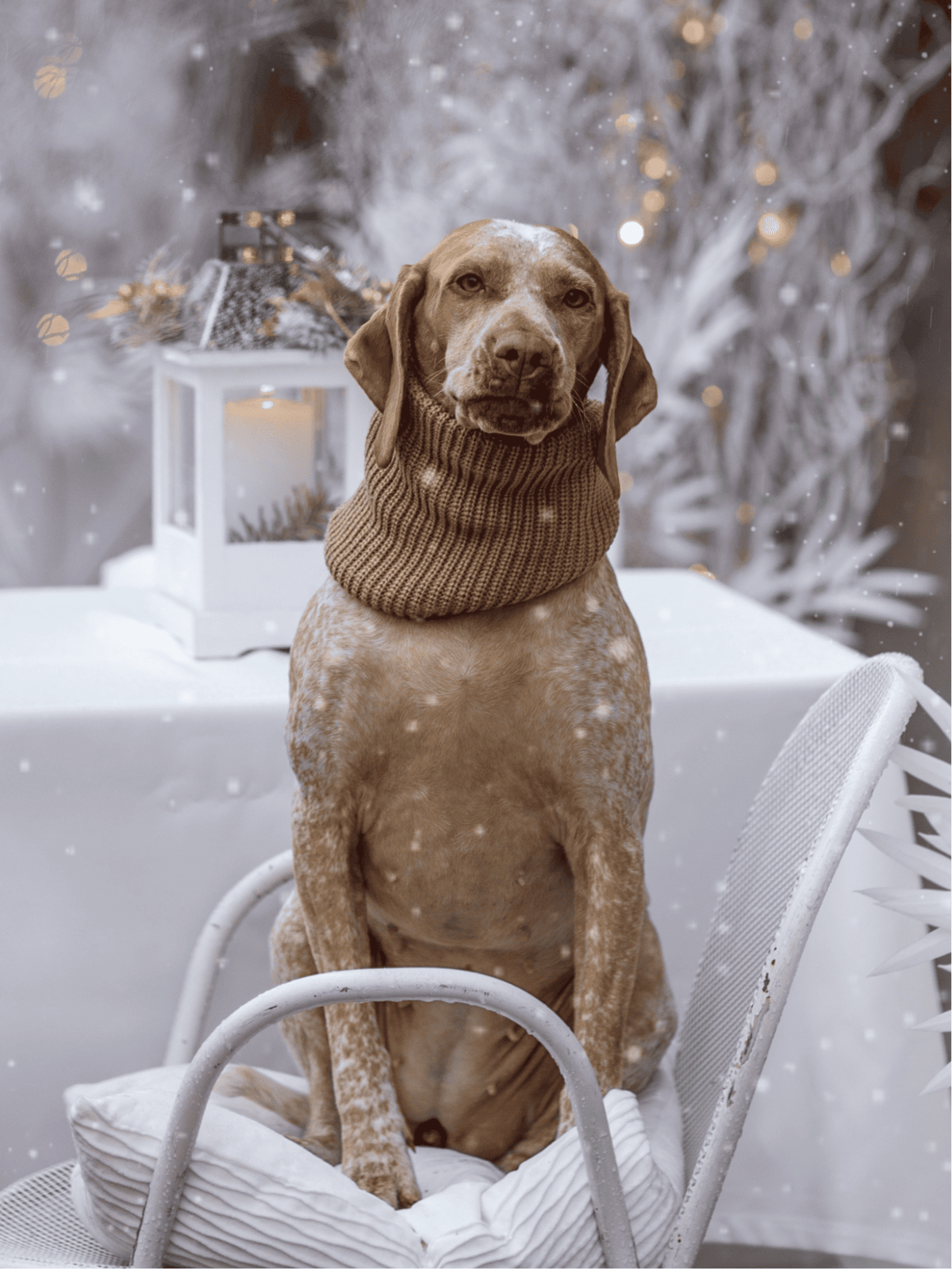 Adorable dog wearing cozy sweater sits in winter holiday decor scene.