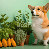 Vivid image of a Corgi dog next to potted herbs and vegetables on a green background.