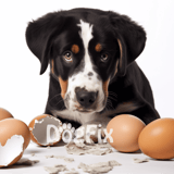 Adorable puppy with eggs, highlighting pet nutrition and wellness.