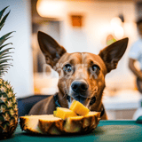 Adorable dog chewing pineapple next to a fresh pineapple, enjoying healthy snacks at home.