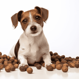 Adorable puppy with healthy dog treats, promoting pet nutrition and wellness.