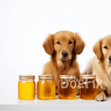 A pair of adorable Golden Retrievers sitting with jars of dog supplements on a white background.