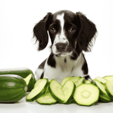 Adorable dog with cucumbers, healthy pet snack, natural dog treats, canine diet food, green dog treats, pet nutrition.