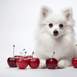 Adorable white Pomeranian puppy surrounded by ripe cherries on a white background.