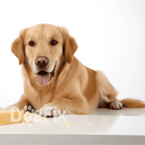 Happy Golden Retriever with cheese, litter on white background.