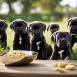 Cute black puppies with white chest patches looking at food dish.