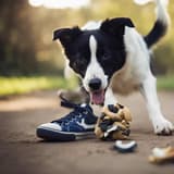 Cute dog playing with sneakers and toys on a park trail. Happy puppy enjoying outdoor activities and fun with dog toys.