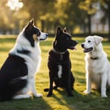 Alt text: Three dogs sitting on grass in a park during sunset, socializing peacefully.
