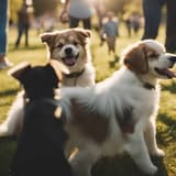 Adorable puppies enjoying a park walk with people in the background.
