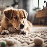 Adorable puppy lying on a cozy rug with colorful toys, indoor setting, perfect for pet care and dog training.