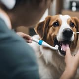 Close-up of veterinarian brushing a lovable dog’s teeth for dental health.