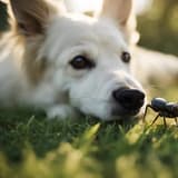 Close-up of a white dog with brown eyes lying on grass, observing an ant, outdoors, natural lighting.