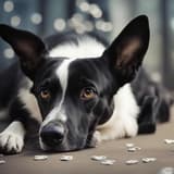 Dogs lying on floor with scattered puzzle pieces.