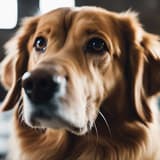 Close-up of a brown retriever dog with soulful eyes, emphasizing pet health and grooming support.