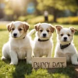 Cute puppy siblings sitting with "Puppy Date" sign outdoors.
