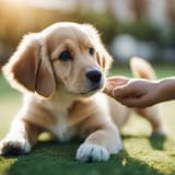 Adorable golden retriever puppy receiving gentle petting outdoors.