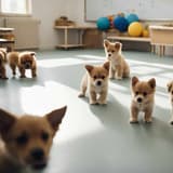 Adorable puppies in a training room practicing socialization and obedience exercises.