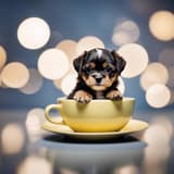 Adorable puppy sitting in a teacup, perfect for dog care and puppy feeding tips.