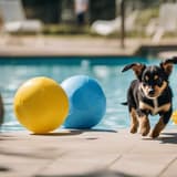Cute puppy playing by swimming pool with colorful beach balls and toys - perfect for dog pool fun.