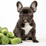 Adorable French Bulldog puppy sitting beside fresh Brussels sprouts on a white background.