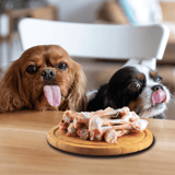 Adorable small dogs enjoying rawhide treats at home. Perfect pet treats for small dog owners.