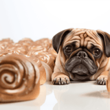 Adorable pug dog surrounded by cinnamon rolls, perfect for pet and bakery website SEO.