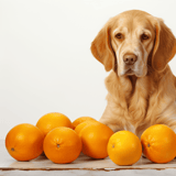 Golden retriever sitting beside oranges, promoting healthy dog diet, pet nutrition tips, fresh fruit for canine health.