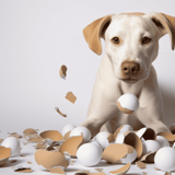 Adorable puppy surrounded by broken eggs, capturing playful and lively moments for pet lovers.