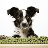 Adorable black and white puppy surrounded by fresh green peas, perfect for dog and pet care content.