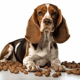 Adorable basset hound lying among nuts, looking at camera, white background.