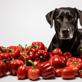 Black dog with red bell peppers, healthy dog food ingredients, pet nutrition, DogFix.com.