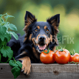 Dog with happy expression among ripe tomatoes and green foliage.