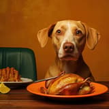 Dog with delicious roasted turkey and fruits on table.