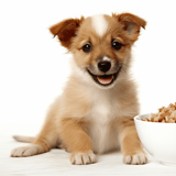 Alt: Adorable puppy sitting next to a bowl of nutritious dog food, highlighting pet nutrition.