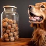 Dog treat jar filled with homemade dog treats and a happy golden retriever.