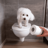 Dog sitting on a toilet with toilet paper.