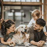 Adorable family enjoying quality time with their beloved dog indoors.