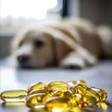 Pet supplement capsules lie on a surface, with a dog sleeping in the background, promoting pet health and wellness.