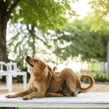 Dog lying on a white outdoor table under large green trees, stretching happily in a sunny park.